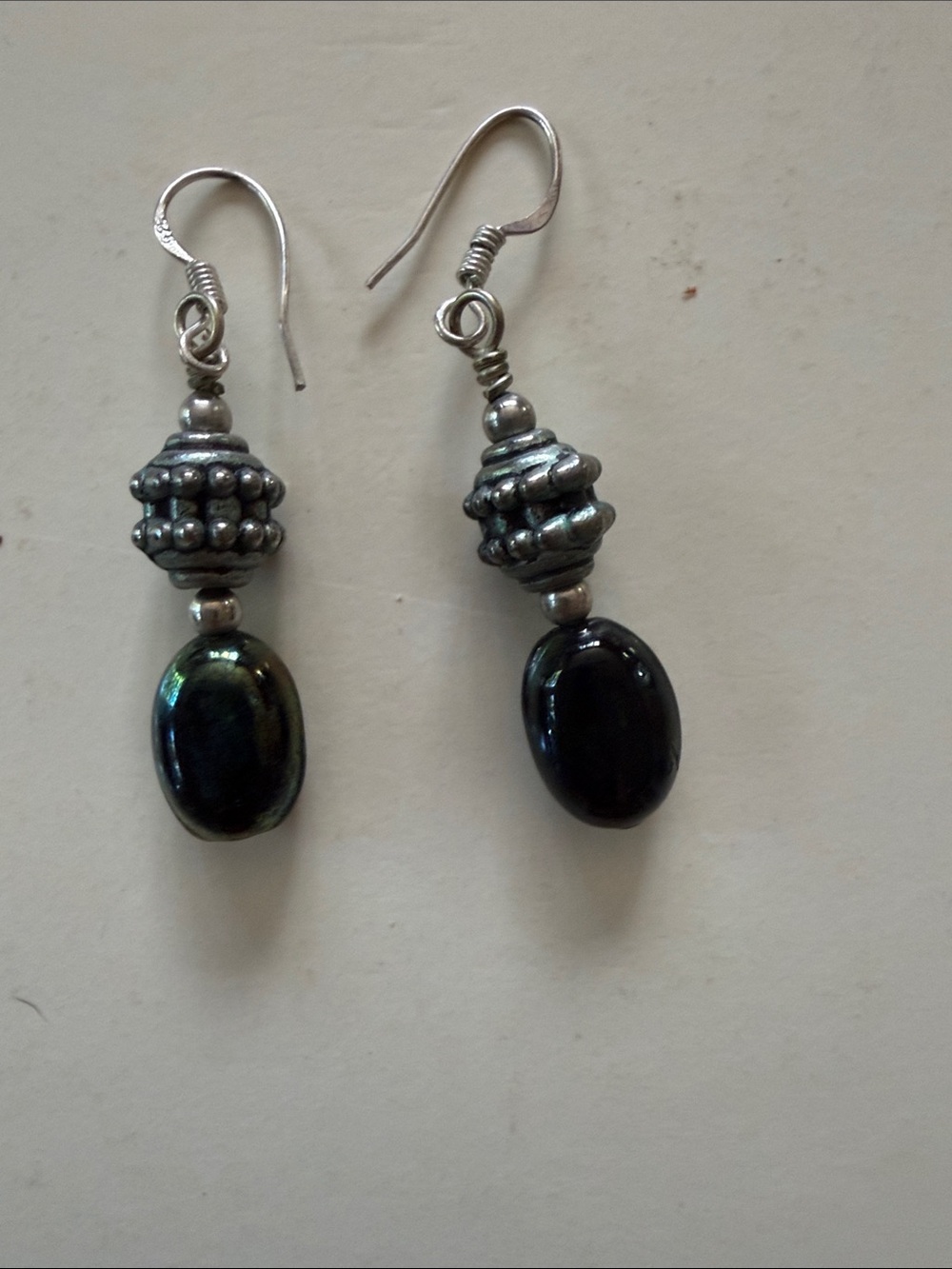 Sterling-Silver  Black Iridescent Bead Drop Earrings